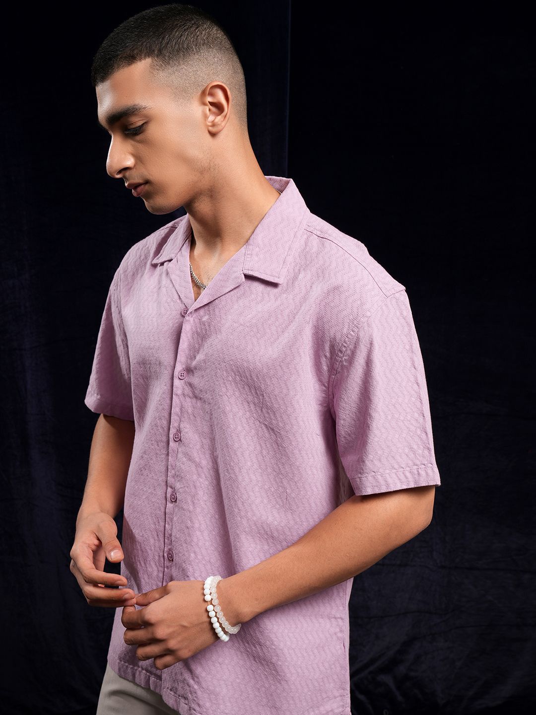 HIGHLANDER Men Dobby Textured Solid Cuban Collar Relaxed Shirt