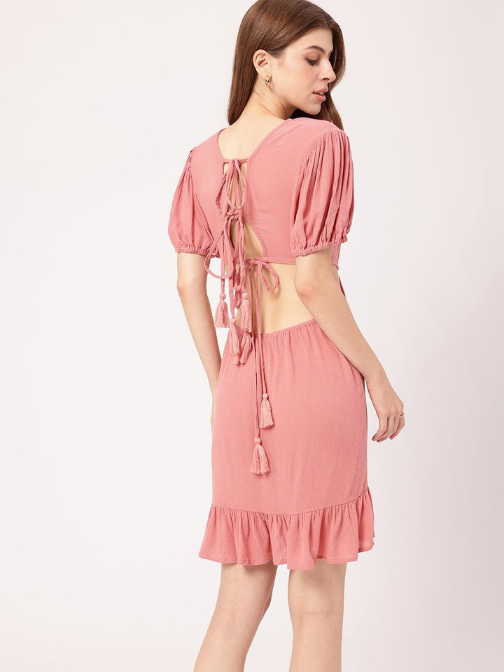 Edgy Cute Touch Puff Sleeves Cut-Outs Styled Back Sheath Mini Dress