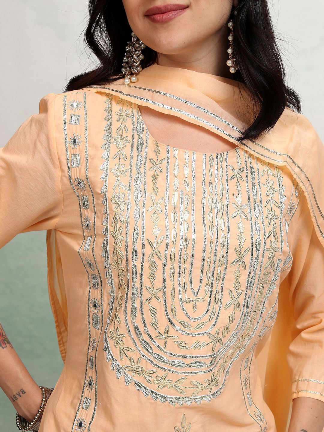 Vishudh Peach Coloured Embroidered Pure Cotton Straight Kurta with Trousers & With Dupatta