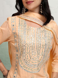 Vishudh Peach Coloured Embroidered Pure Cotton Straight Kurta with Trousers & With Dupatta