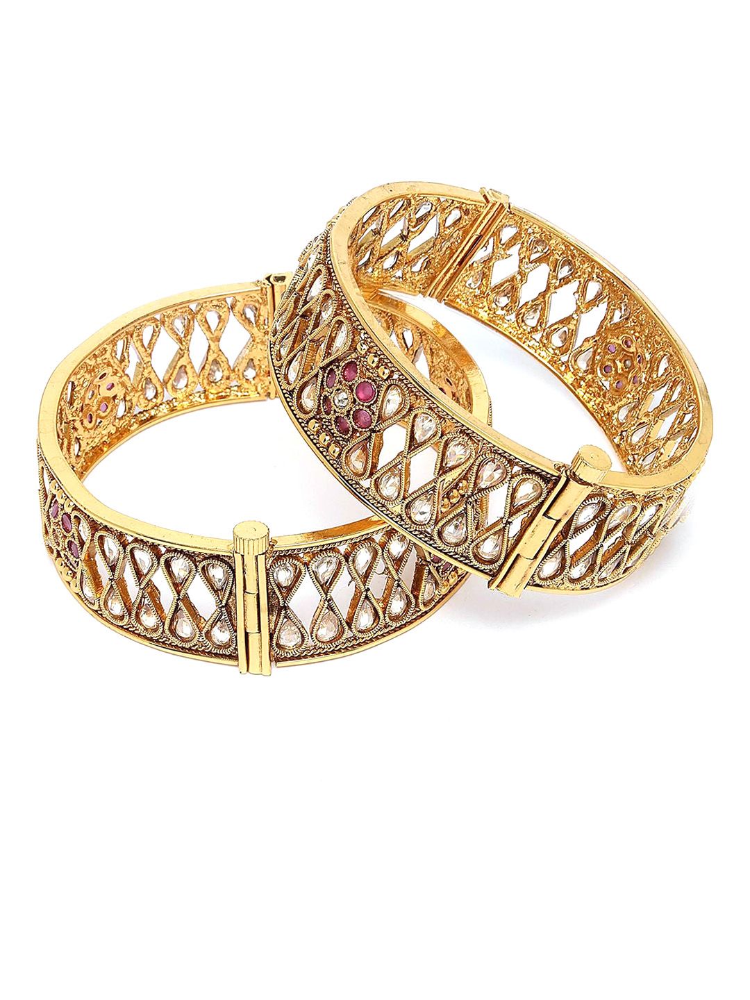 KARATCART Set of 2 Gold Plated Kundan Studded Antique Bangles