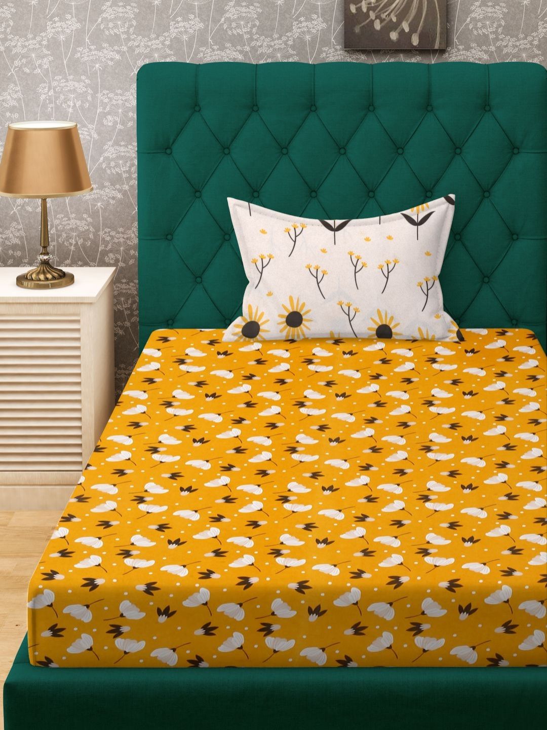 Myntra Elegant Homes Yellow & White Printed 300TC Single Bedsheet Set 2.25m x 1.50m