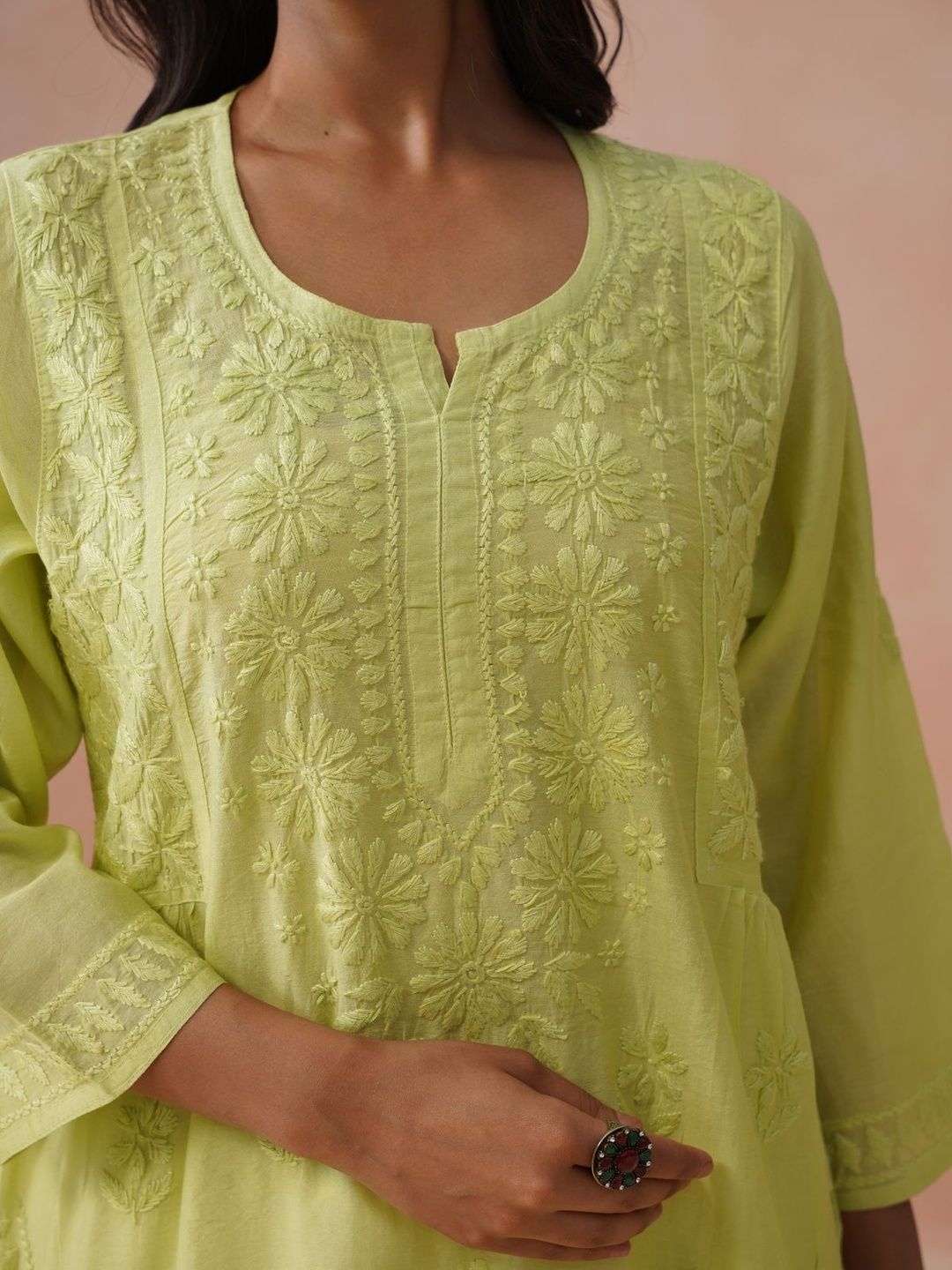 Rumah Wanita Chikankari Motif Etnik Sulam Benang Kerja Kurta