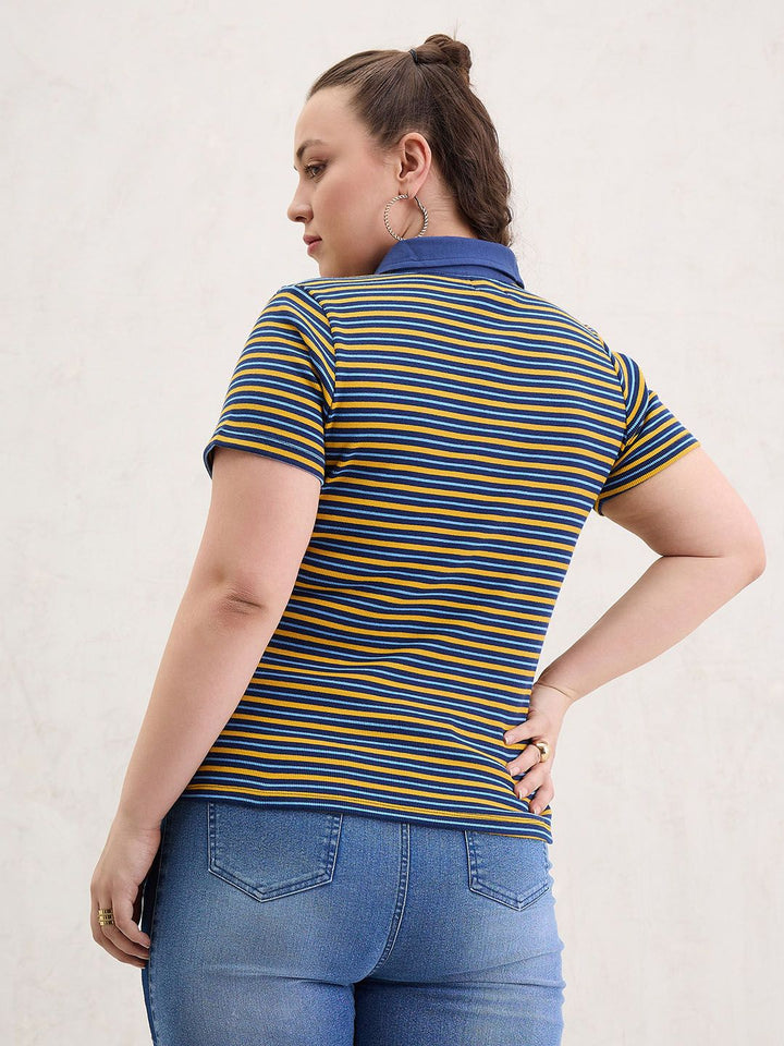 SASSAFRAS Curve Women Striped Polo Collar Pockets T-shirt