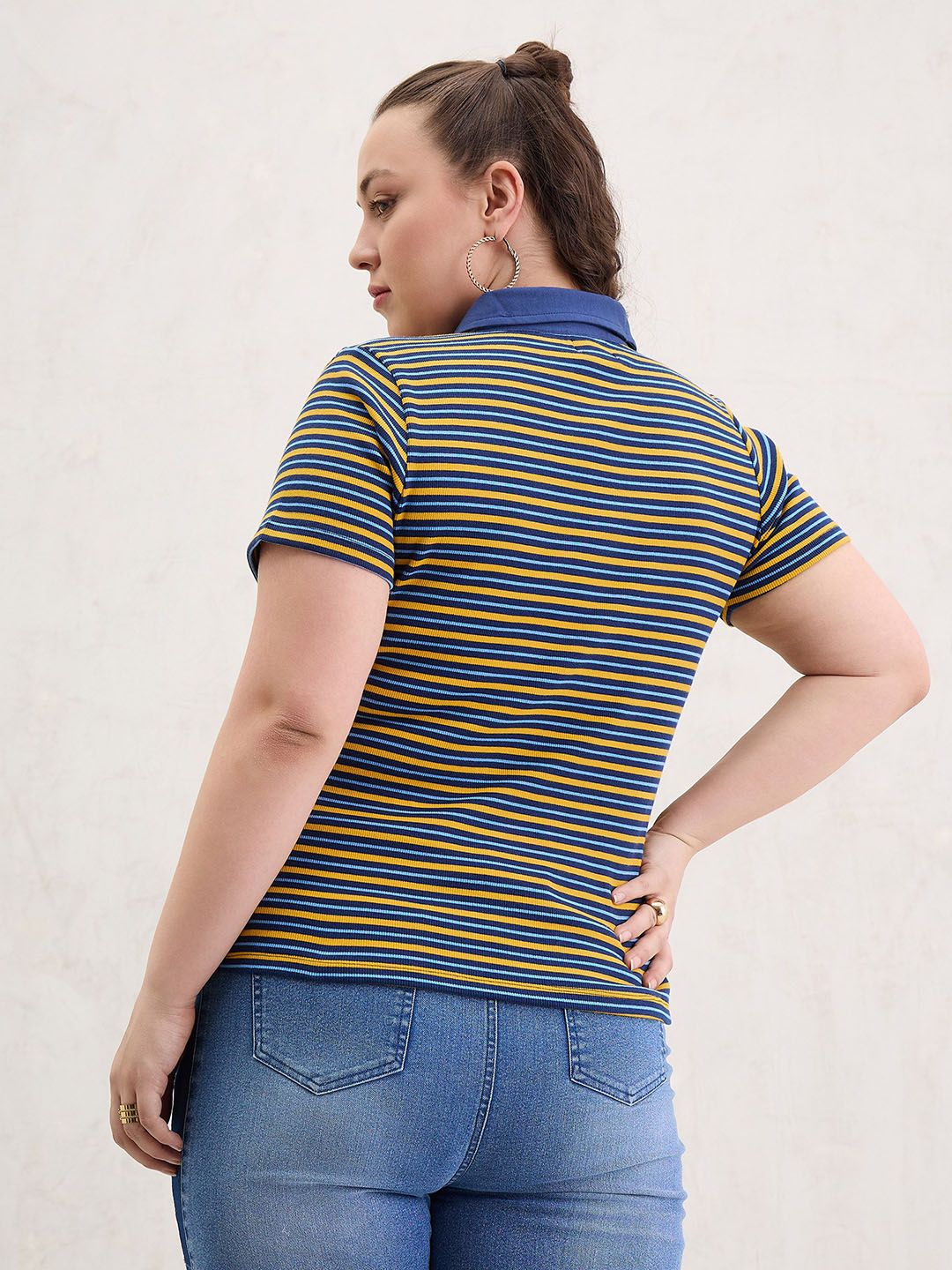 SASSAFRAS Curve Women Striped Polo Collar Pockets T-shirt