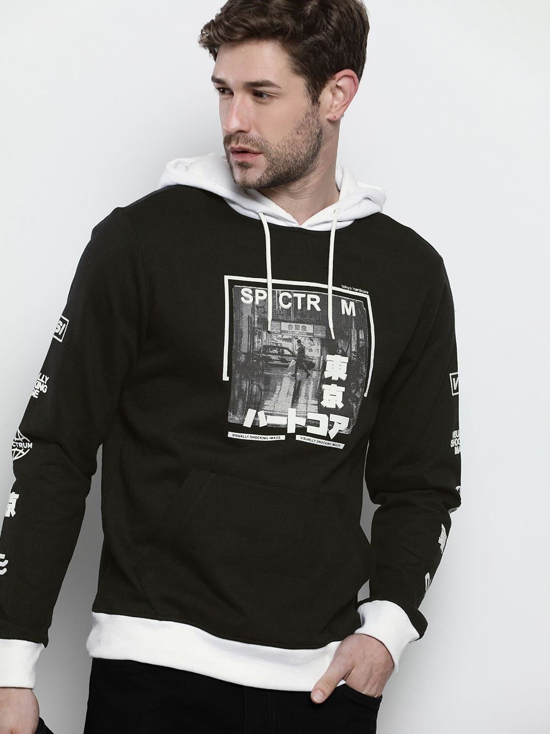 The Indian Garage Co Men Black Printed Hooded Sweatshirt