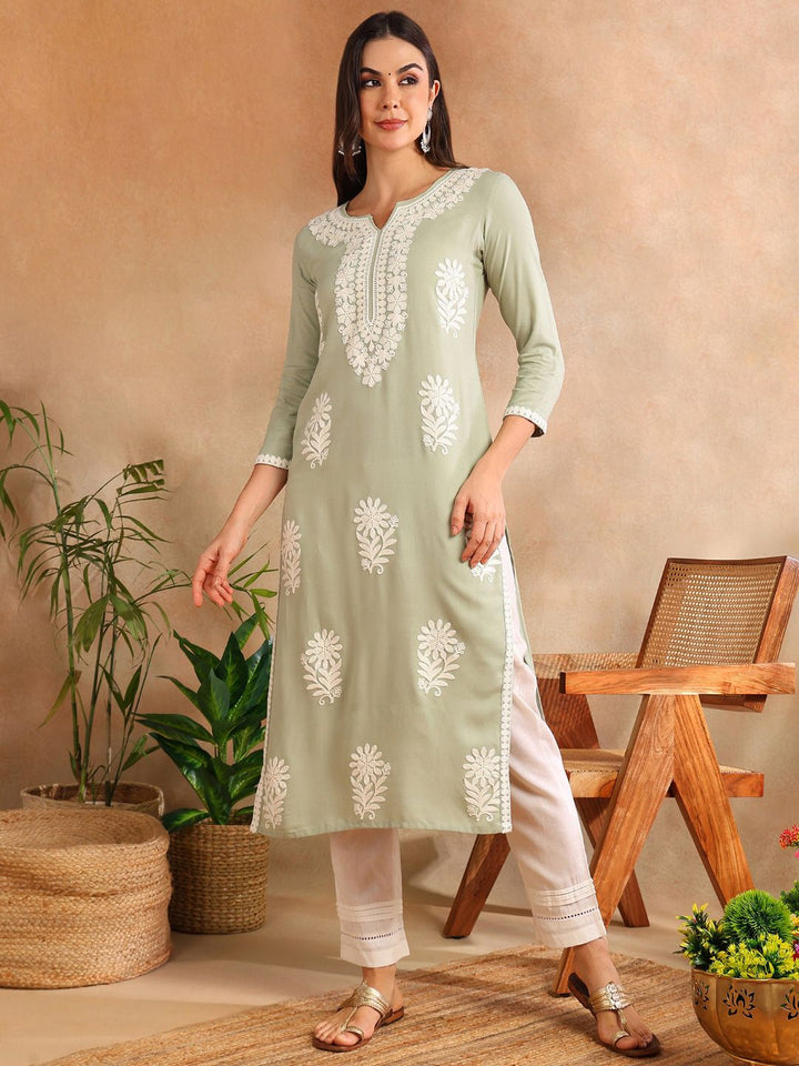 KALINI Floral Embroidered Notch Neck Chikankari Straight Kurta