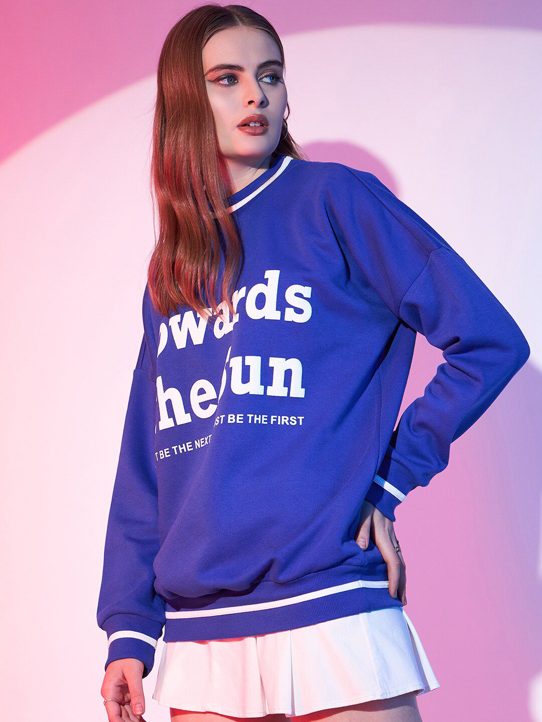 STREET 9 Blue Typography Printed Drop Shoulder Pullover Fleece Sweatshirt