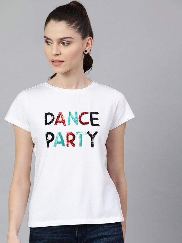 Jalan 9 Wanita White Sequinned T-Shirt Leher Bulat