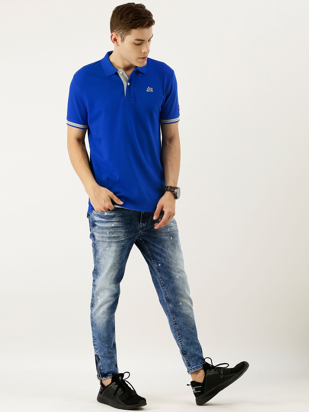 Being Human Men Blue Solid Polo Collar Pure Cotton T-shirt