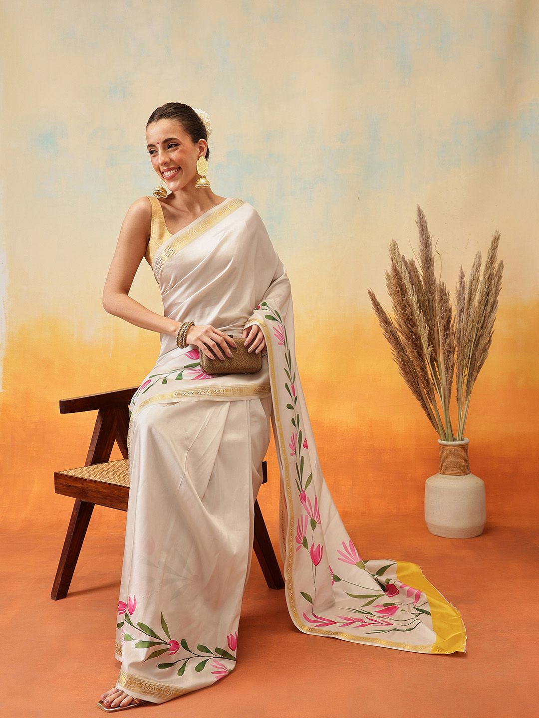 Silk Land Floral Printed Zari Ready to Wear Kasavu Saree
