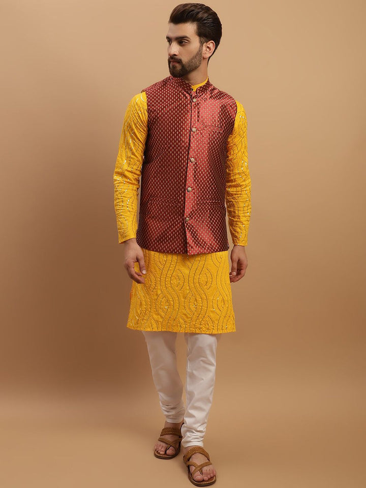 SOJANYA Embroidered Sequinned Pure Cotton Kurta with Churidar & Woven Design Nehru Jacket