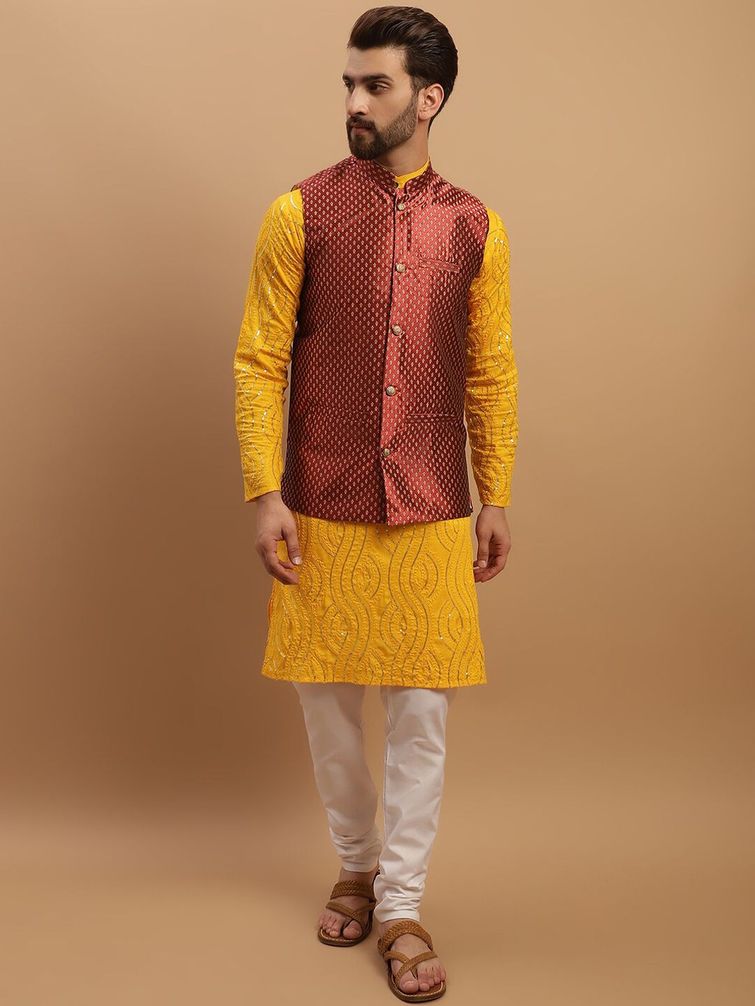 SOJANYA Embroidered Sequinned Pure Cotton Kurta with Churidar & Woven Design Nehru Jacket