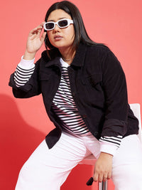 SASSAFRAS Curve Plus Size Black Spread Collar Corduroy Jacket