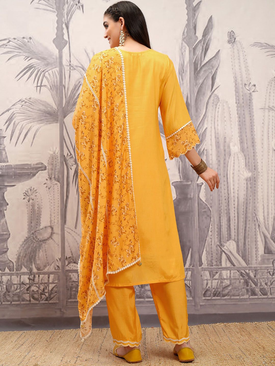 Vishudh Mustard Embroidered Regular Thread Work Kurta with Trousers & Dupatta