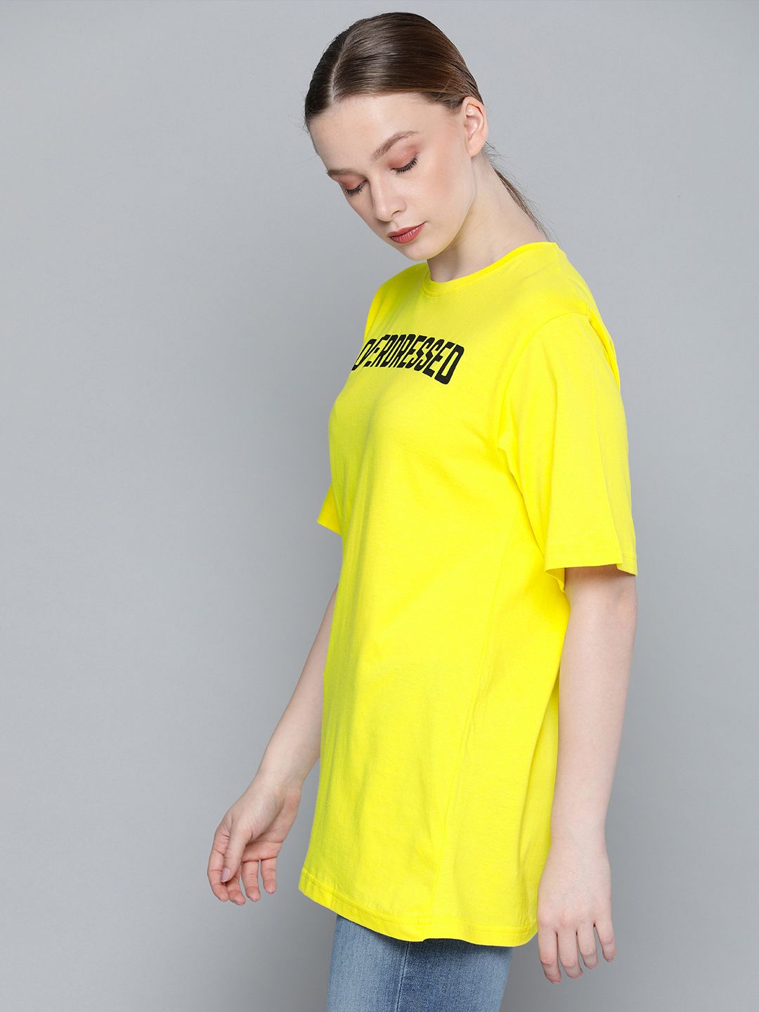 DILLINGER Women Yellow Boxy Fit Printed Round Neck Longline Oversized Pure Cotton T-shirt