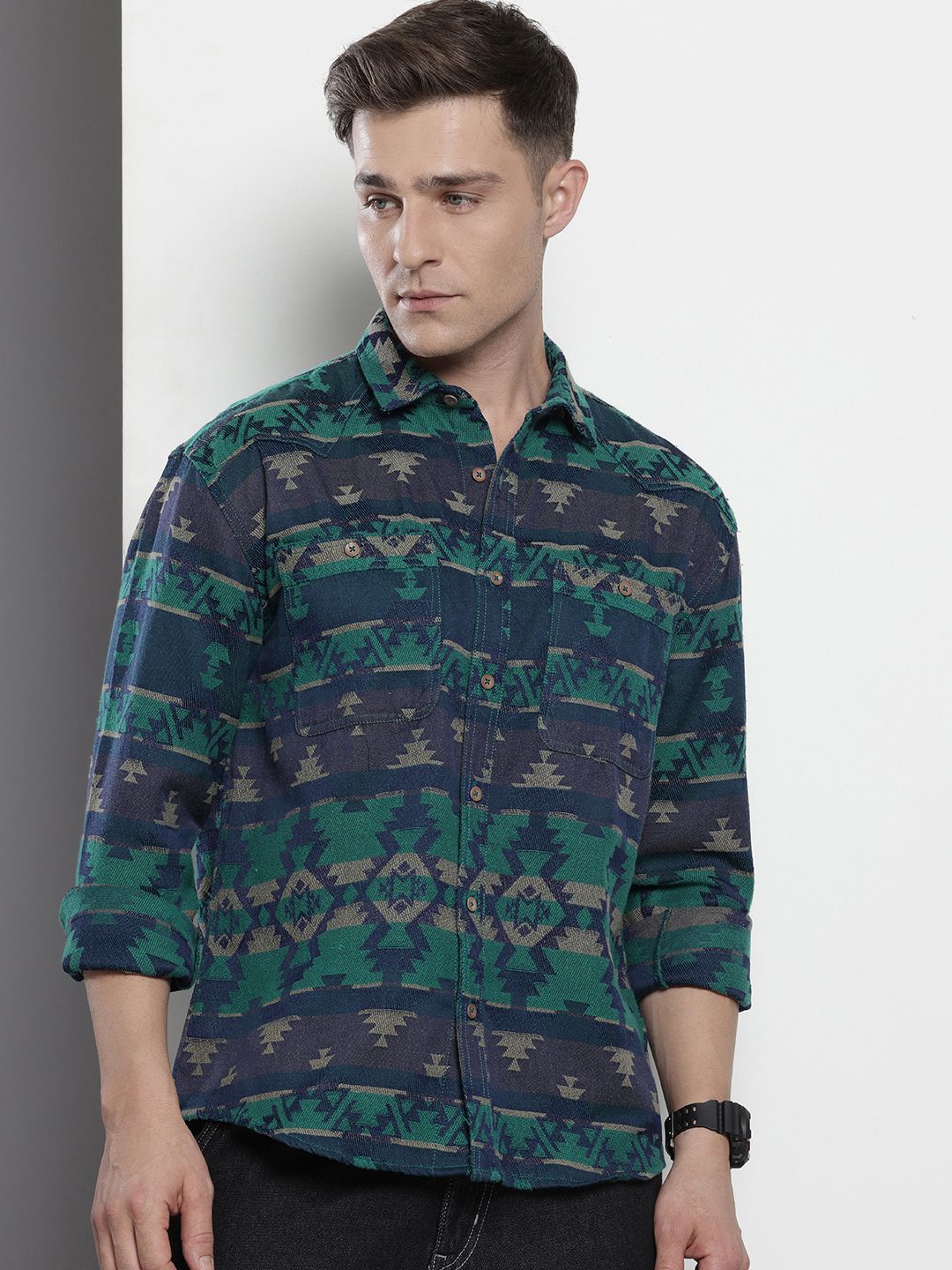 The Indian Garage Co Self Design Geometric Jacquard Relaxed Fit Shirt