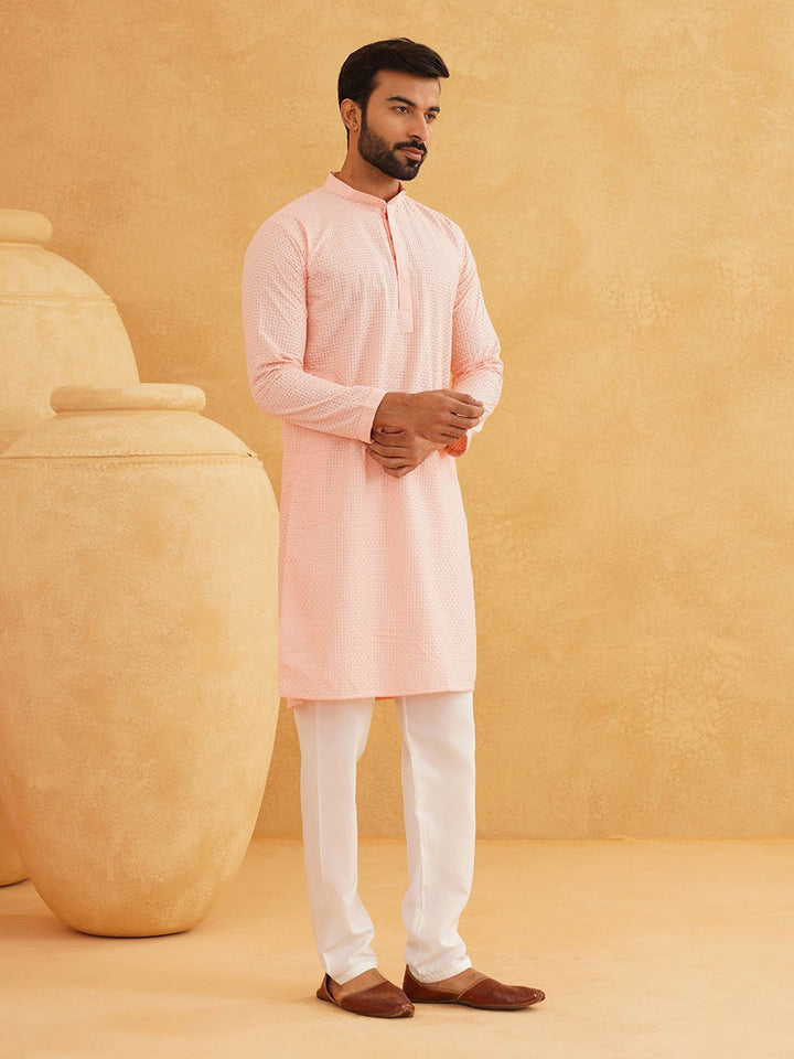 SOJANYA Checked Mandarin Collar Long Sleeves Thread Work Pure Cotton Kurta with Churidar