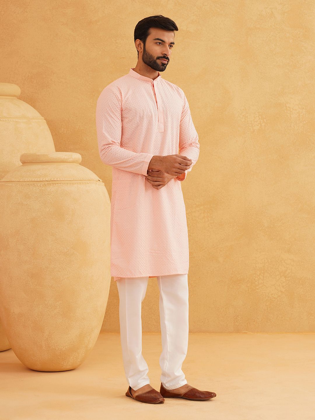 SOJANYA Checked Mandarin Collar Long Sleeves Thread Work Pure Cotton Kurta with Churidar