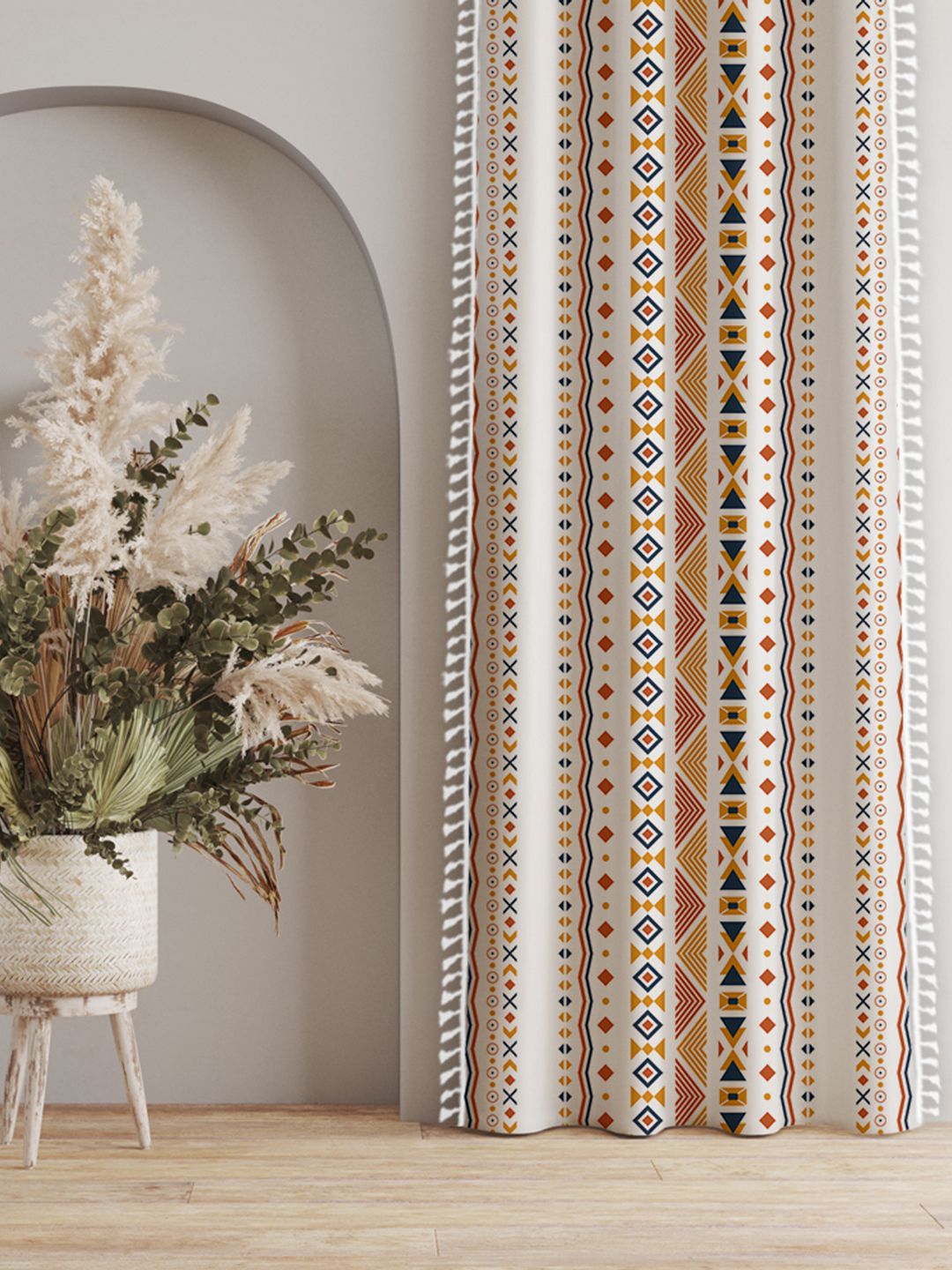 URBAN SPACE White & Orange Ethnic Motifs Single Door Curtain