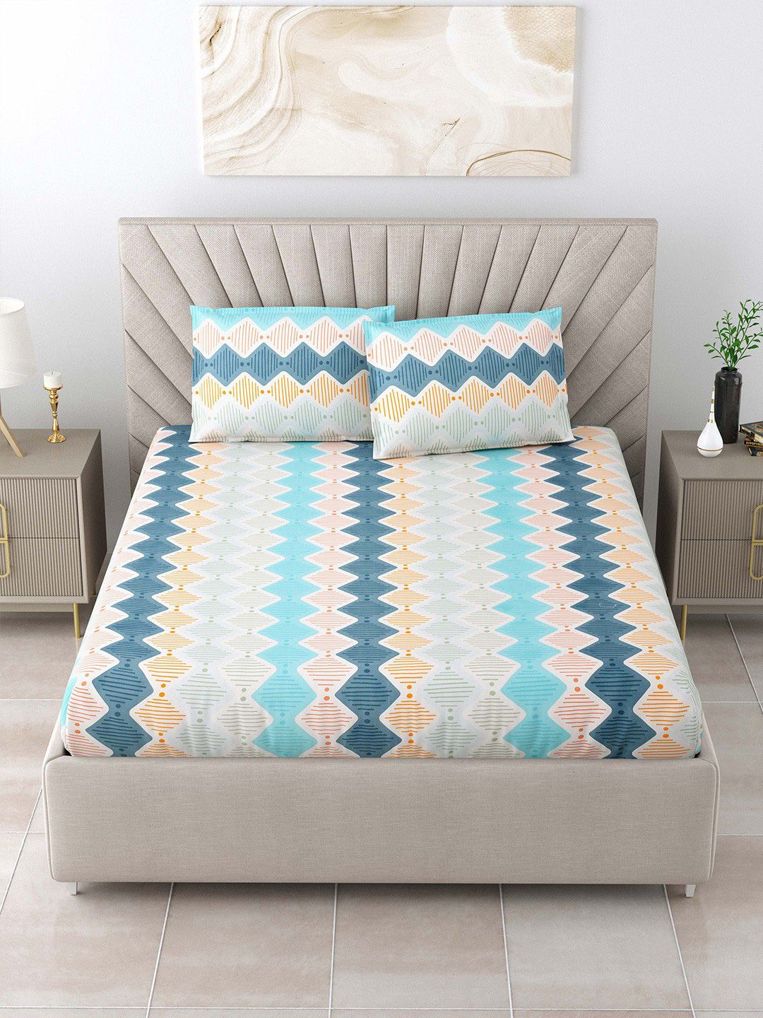 BOMBAY DYEING Multicoloured 144 TC Queen Bedsheet with 2 Pillow Covers