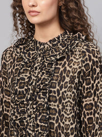 SASSAFRAS Beige & Black Animal Print Shirt Style Top