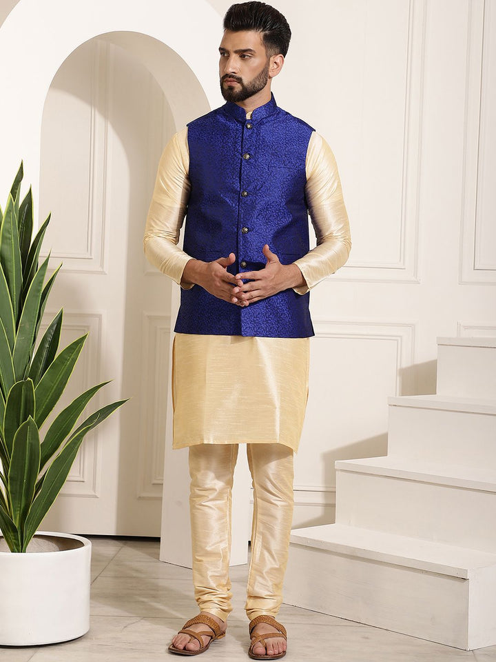 SOJANYA Men Cream-Coloured Solid Kurta with Churidar & Nehru Jacket