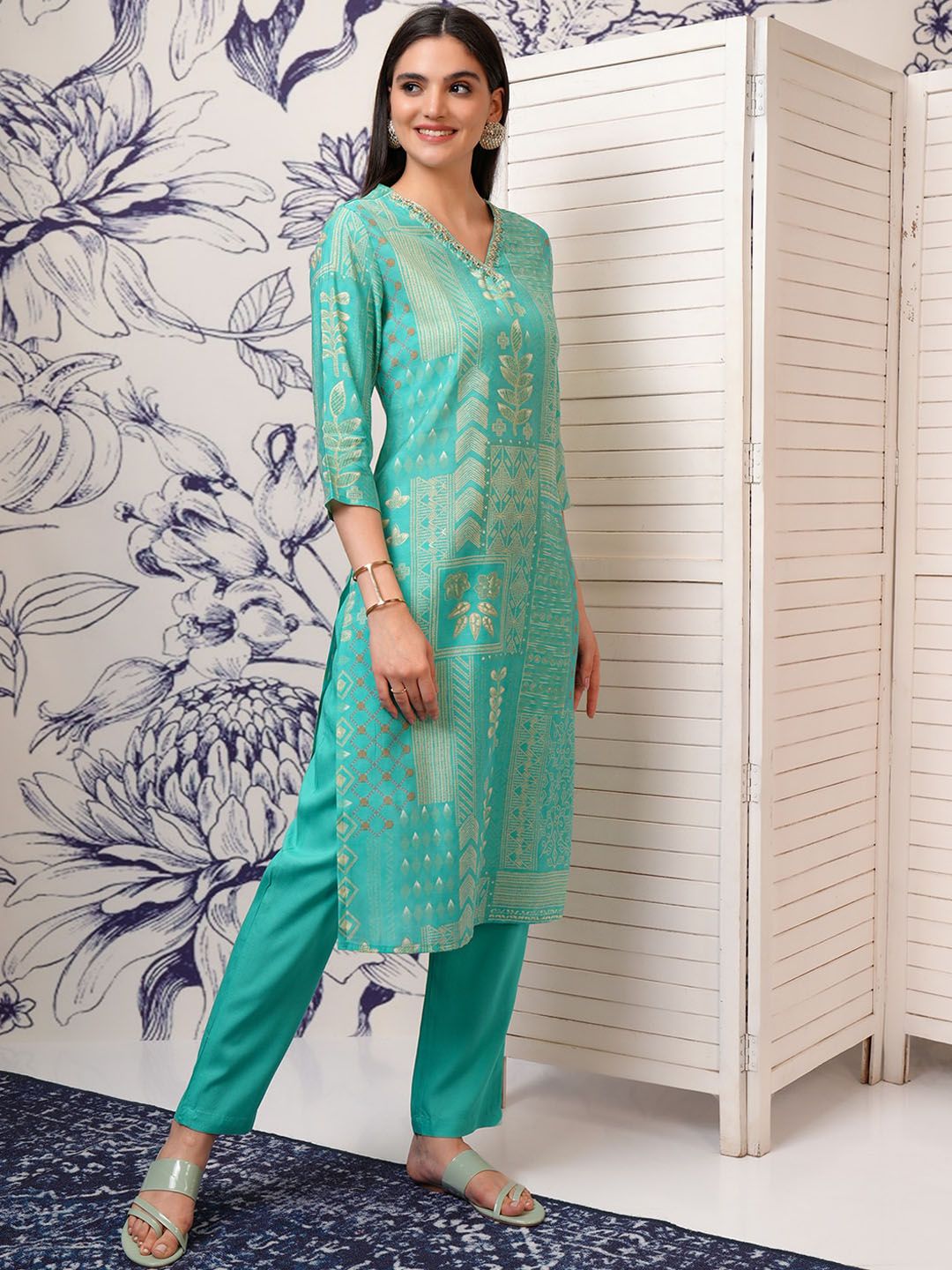 Vishudh Floral Printed Regular Beads and Stones Kurta with Trouser & Dupatta