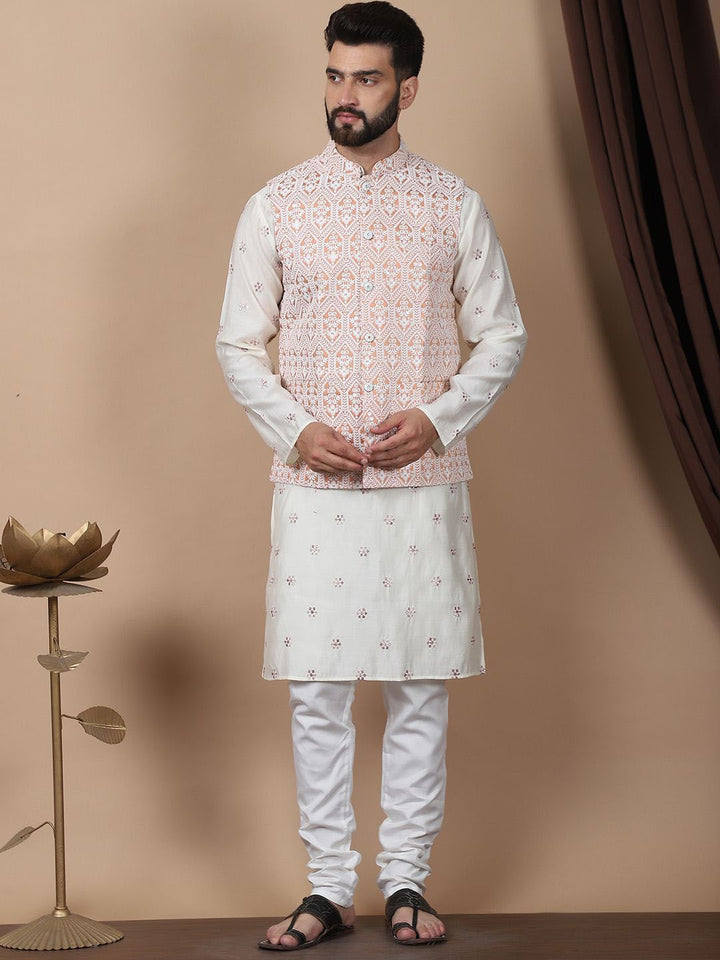 Anouk Cream-Coloured Floral Embroidered Cotton Silk Kurta with Churidar & Nehru Jacket