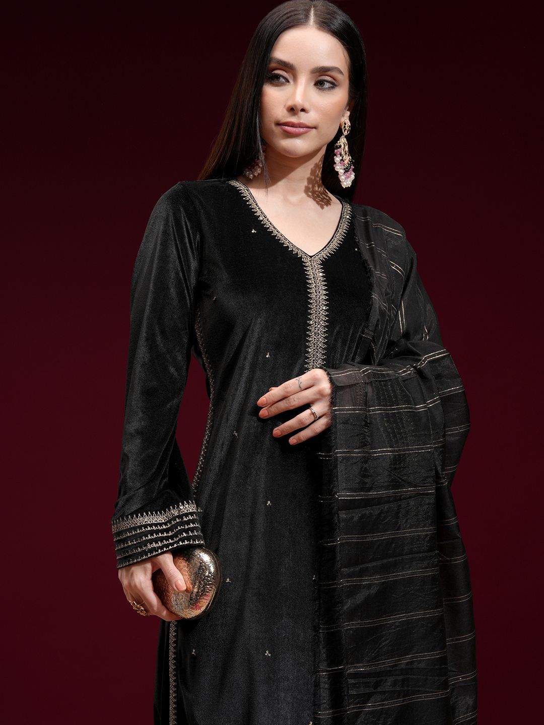 Vishudh Women Embroidered Velvet Straight Kurta with Slim Palazzo and Dupatta