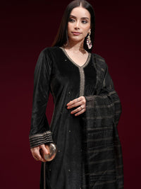 Vishudh Women Embroidered Velvet Straight Kurta with Slim Palazzo and Dupatta