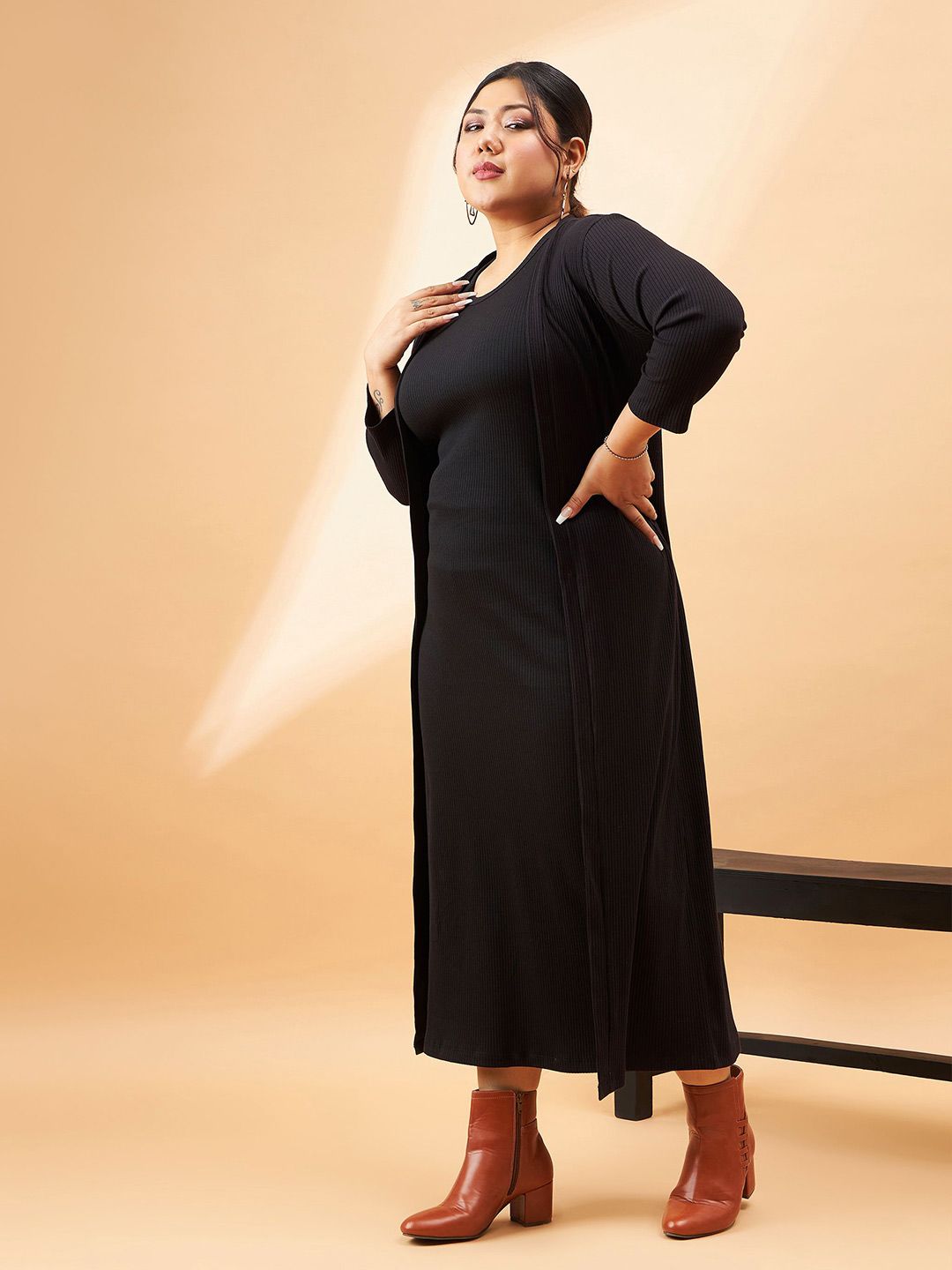 SASSAFRAS Curve Plus Size Black Ribbed Sleeveless Sheath Midi Dress With Shrug