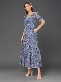 Miss Chase Floral Print Sweetheart Neck Puff Sleeve Georgette Fit & Flare Dress