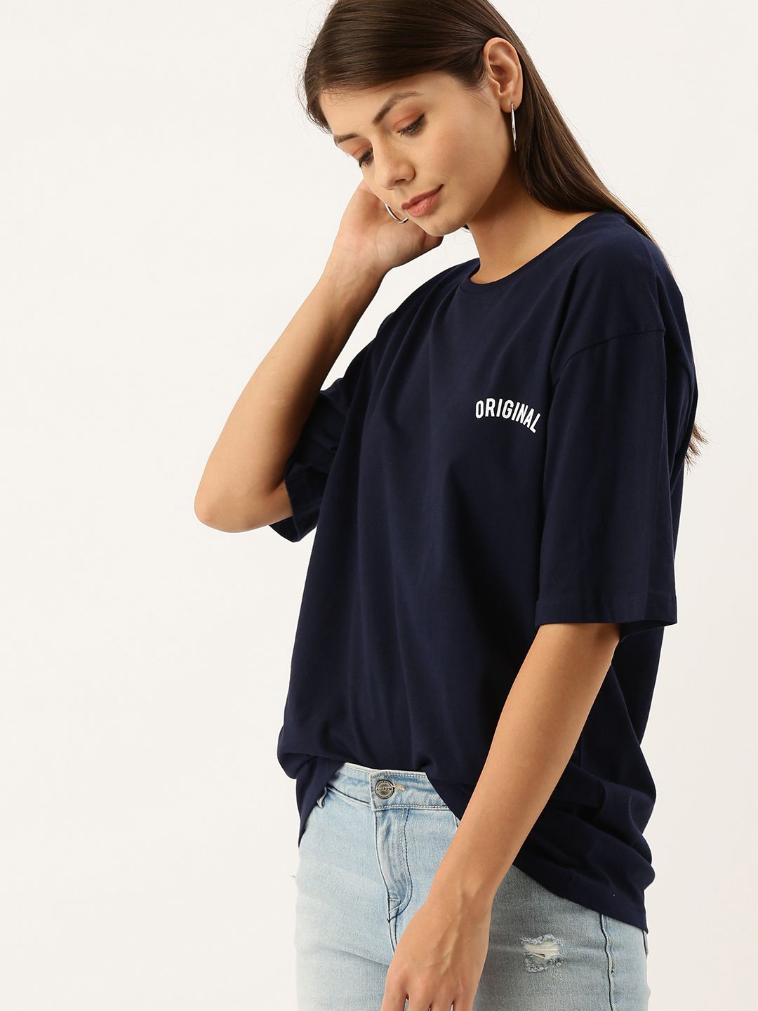 DILLINGER Women Navy Blue Oversized Cotton Pure Cotton T-shirt with Printed Detail