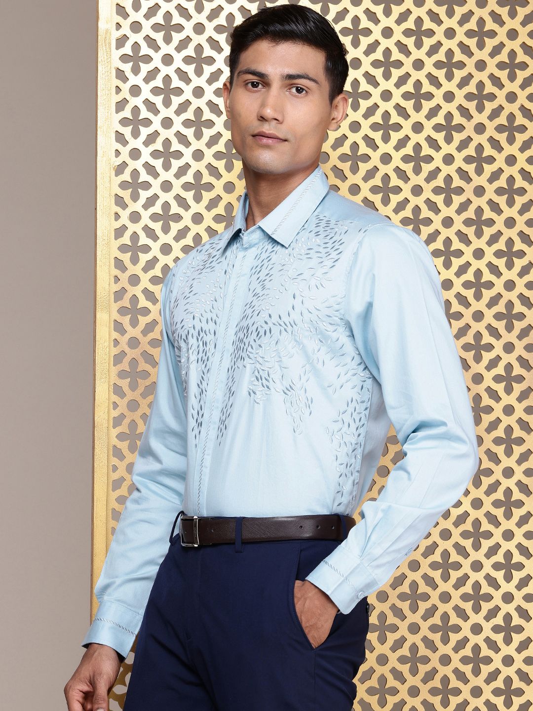 House of Pataudi Self Design Pure Cotton Opaque Party Shirt