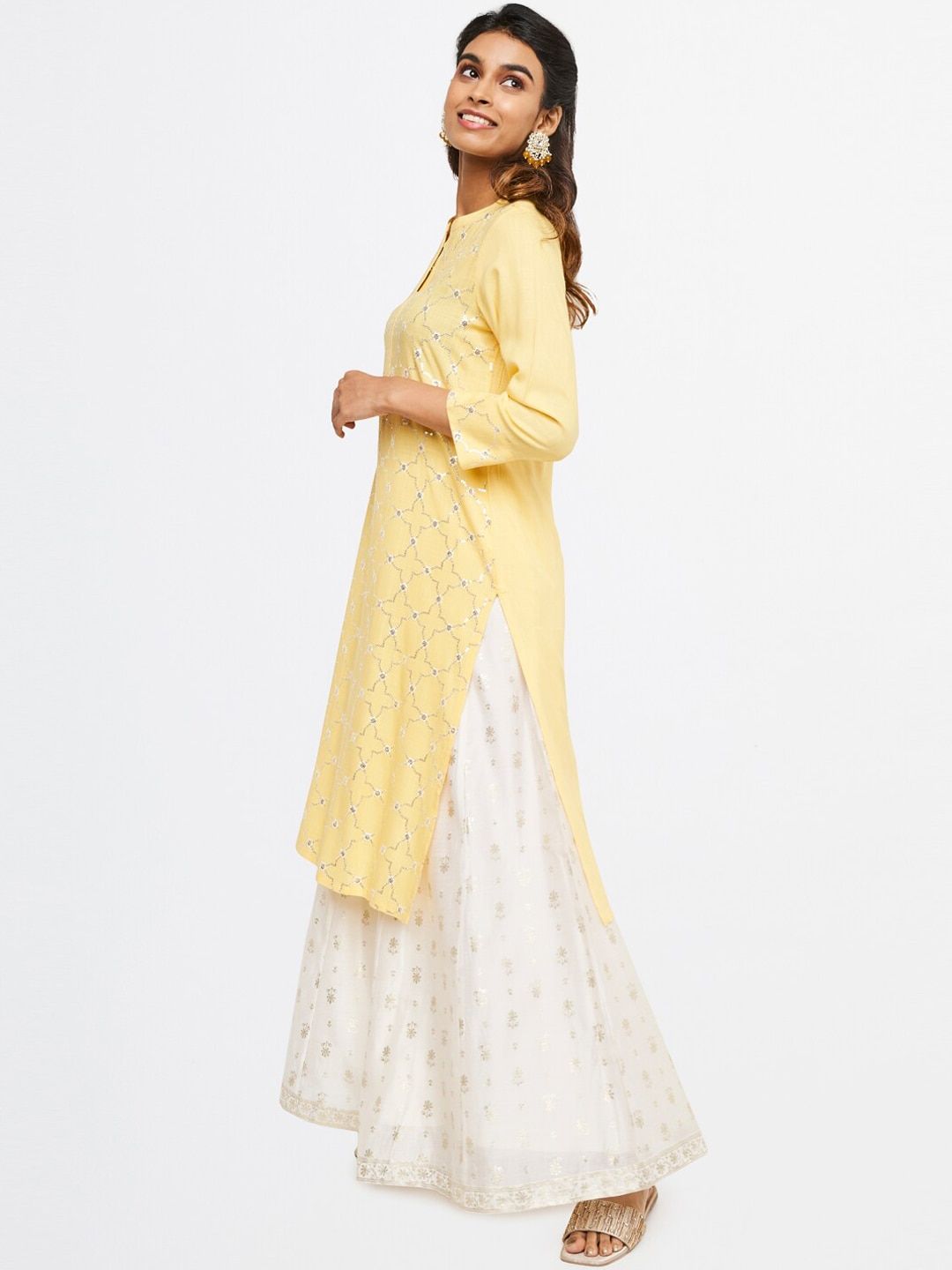 Global Desi Women Yellow Floral Embellished Kurta