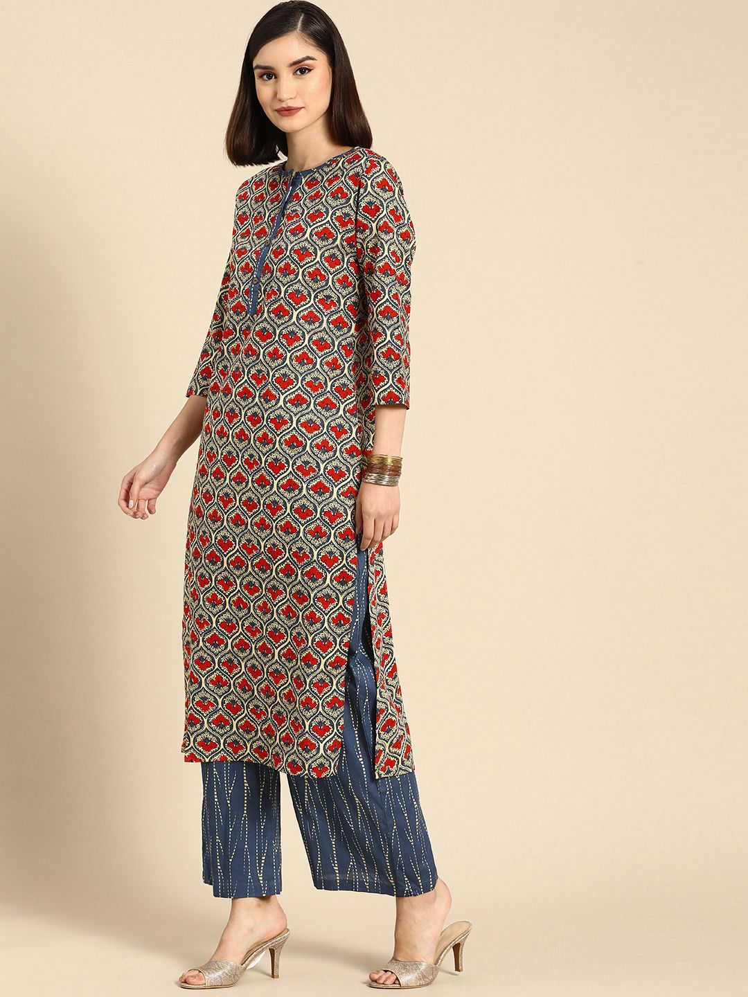 Anouk Women Blue Ethnic Motifs Printed Regular Pure Cotton Kurta With Palazzos & Dupatta
