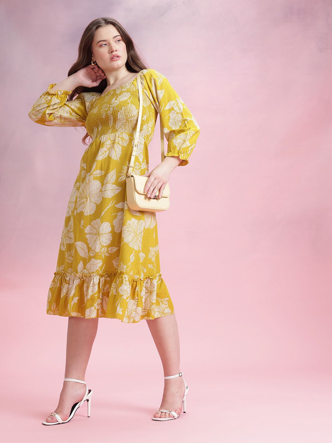 DressBerry Floral Print Gathered Detail Smocked Effect Pure Cotton Midi A-Line Dress