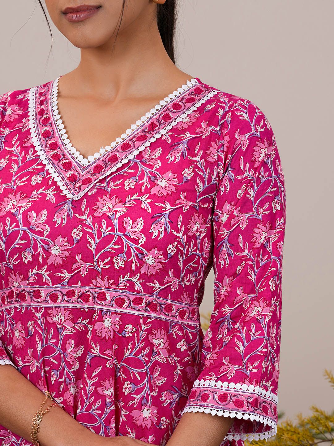 Libas Floral Printed Pleated Pure Cotton Kurta with Trousers & Dupatta
