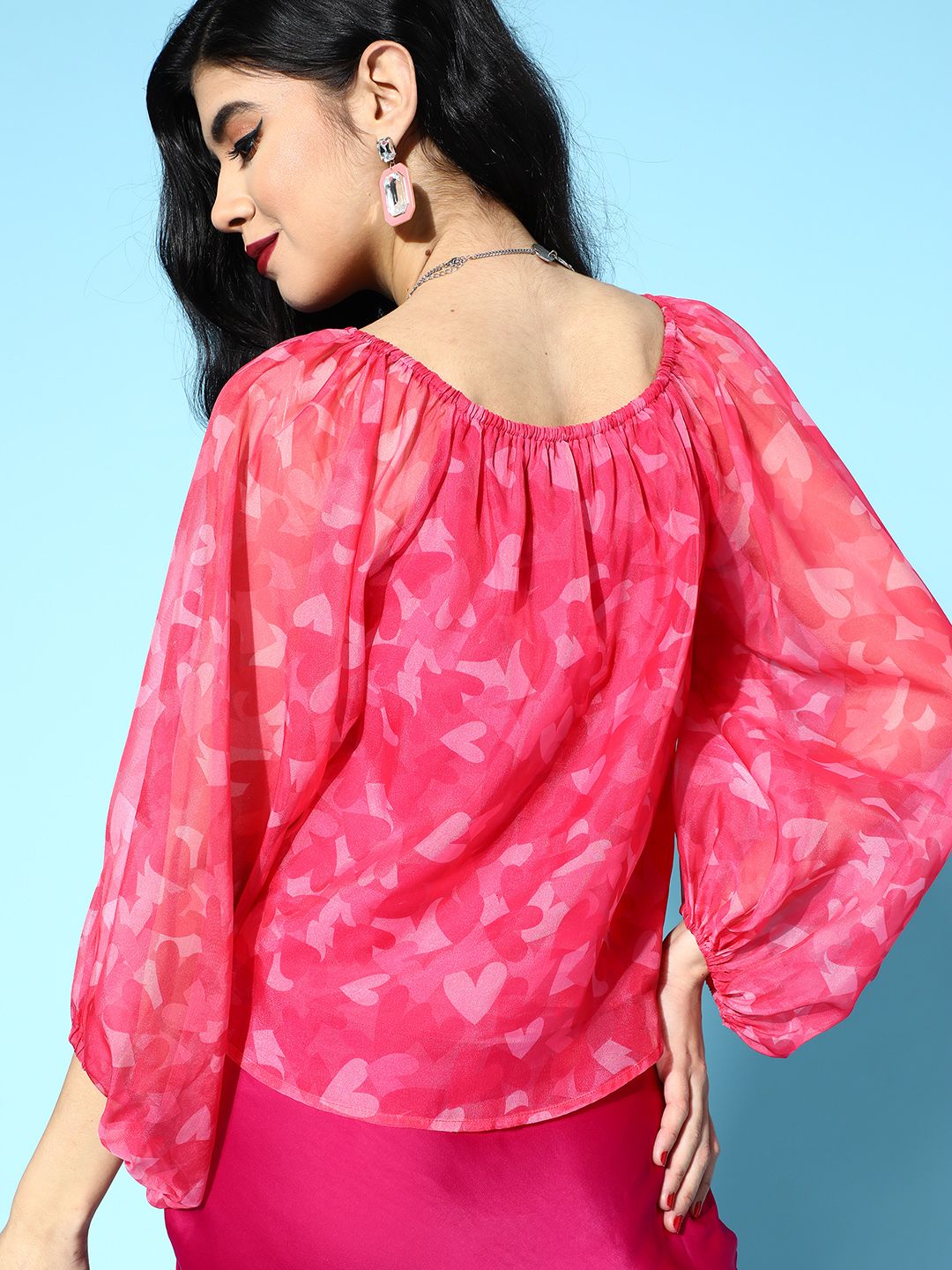 SASSAFRAS Women Pretty Pink Abstract Puff Sleeves Top