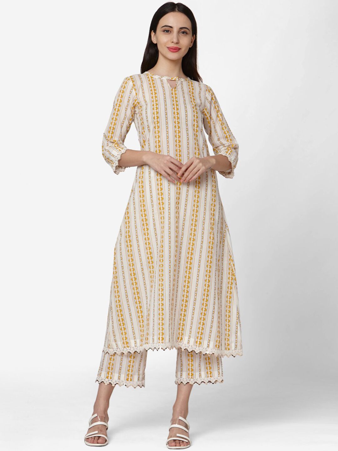 KALINI Geometric Printed Regular Pure Cotton Kurta With Trousers