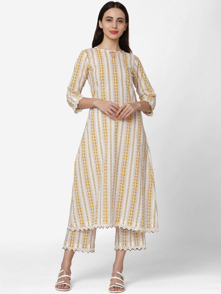 KALINI Geometric Printed Regular Pure Cotton Kurta With Trousers
