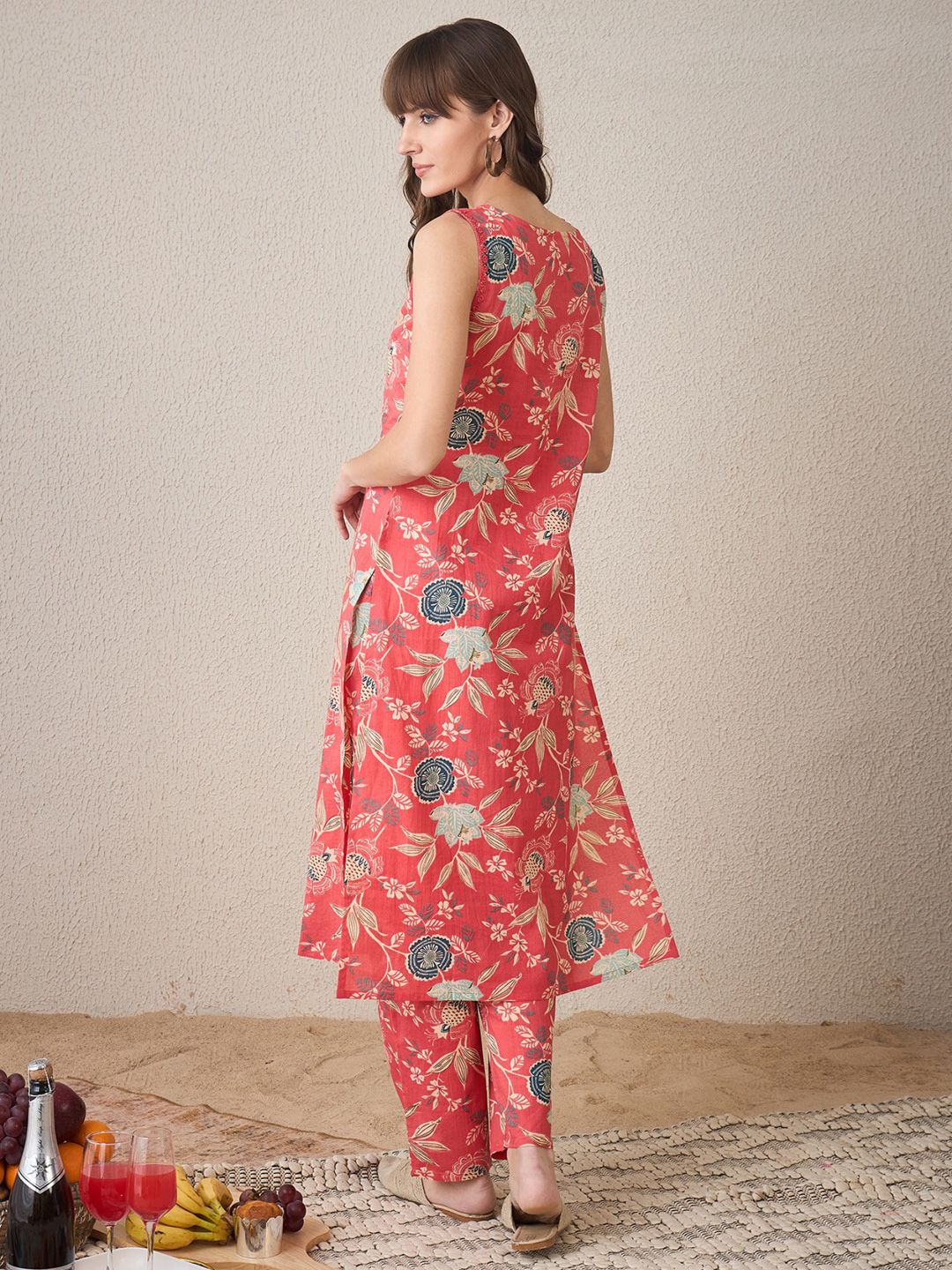 Indo Era Floral Printed V-Neck Pure Cotton Straight Kurta With Trousers