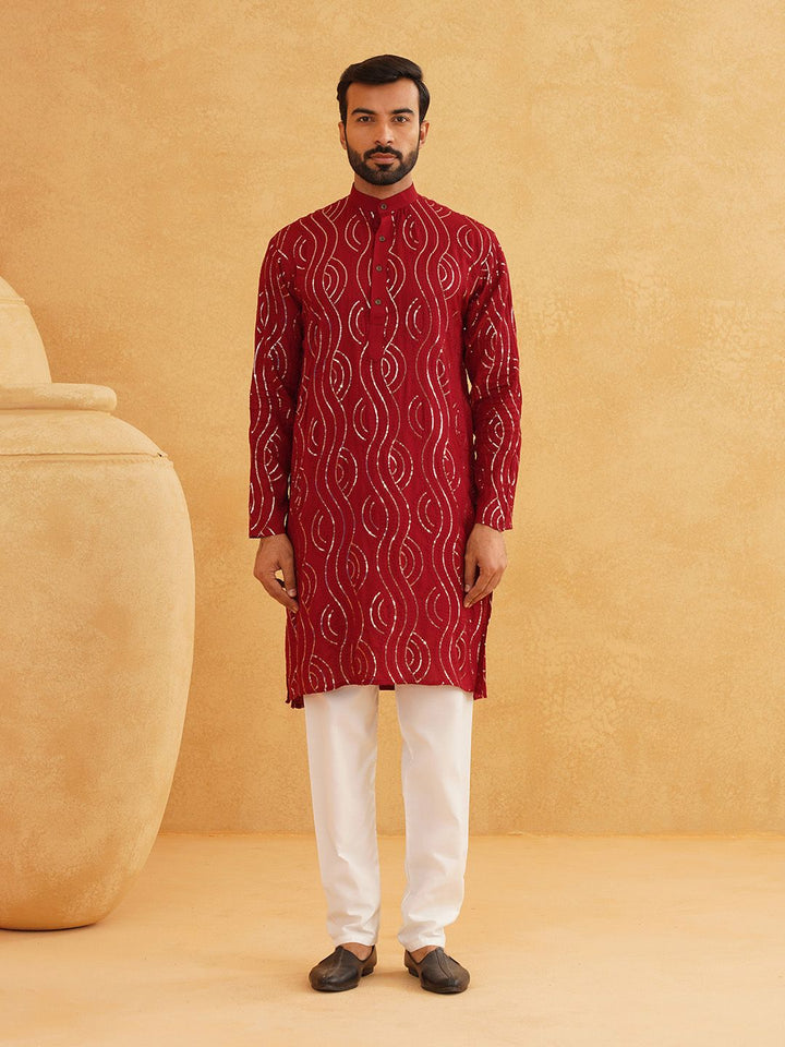 SOJANYA Kurta Kapas Tulen Berlabuci Bersulam dengan Jaket Churidar & Nehru Berhias