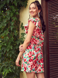 SASSAFRAS Red Floral Printed Sweetheart Neck Top With Skirt