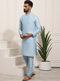 SOJANYA Men Blue Solid Kurta with Churidar & Nehru Jacket