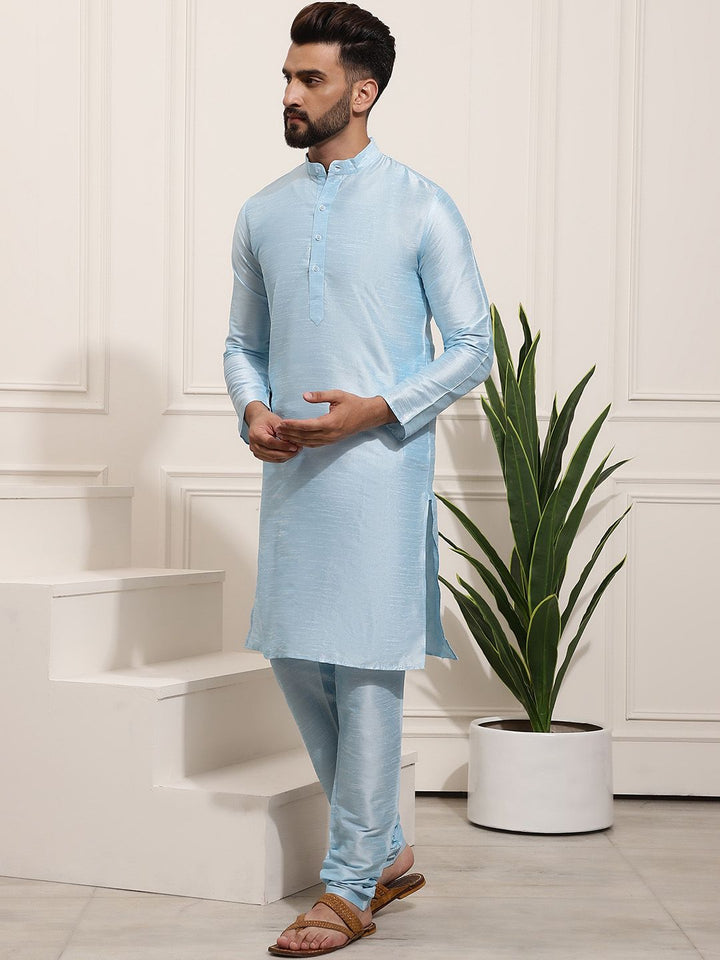 SOJANYA Men Blue Solid Kurta with Churidar & Nehru Jacket