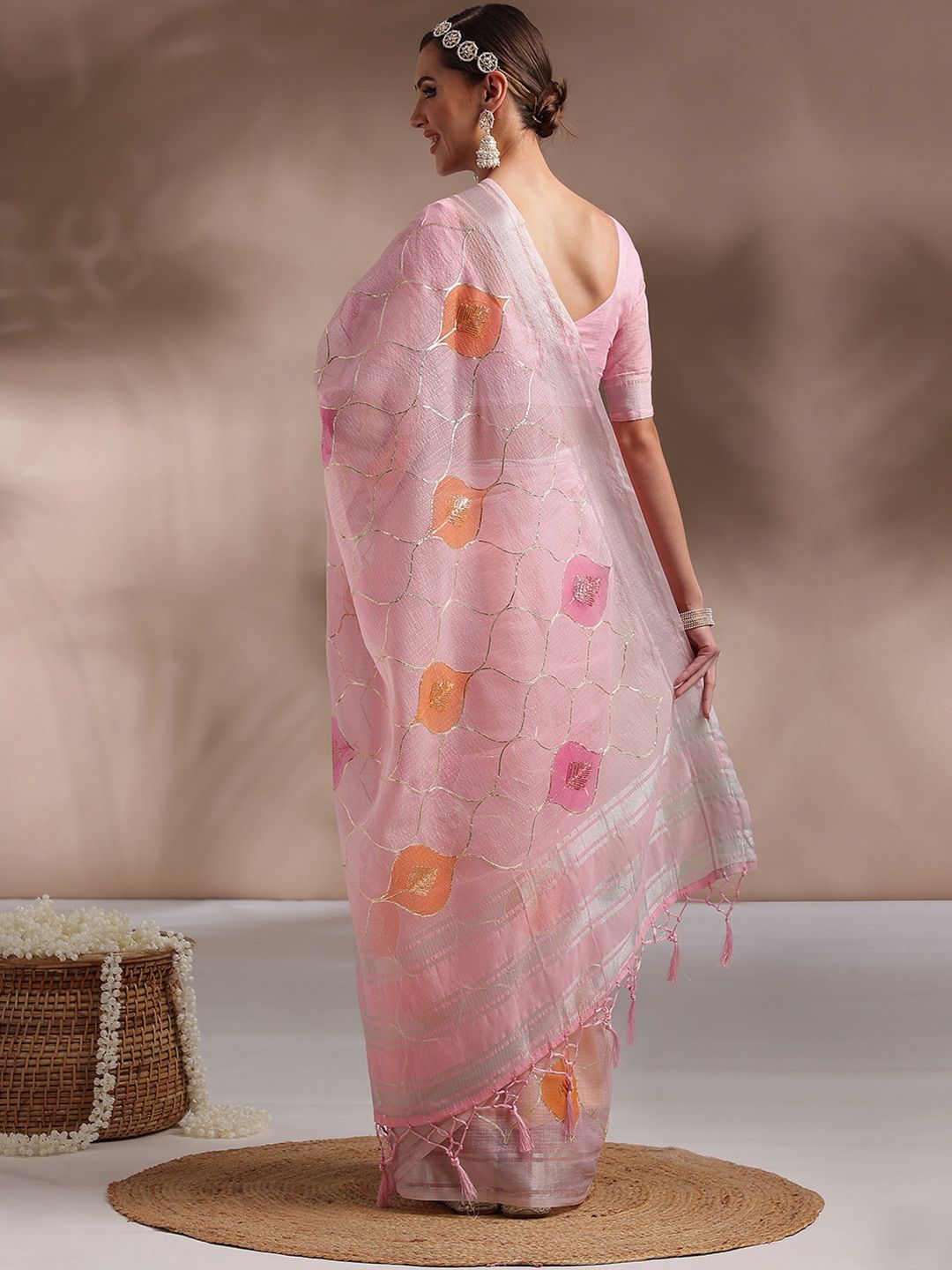 Saree mall Pink & Orange Ethnic Motifs Printed Gotta Patti Saree