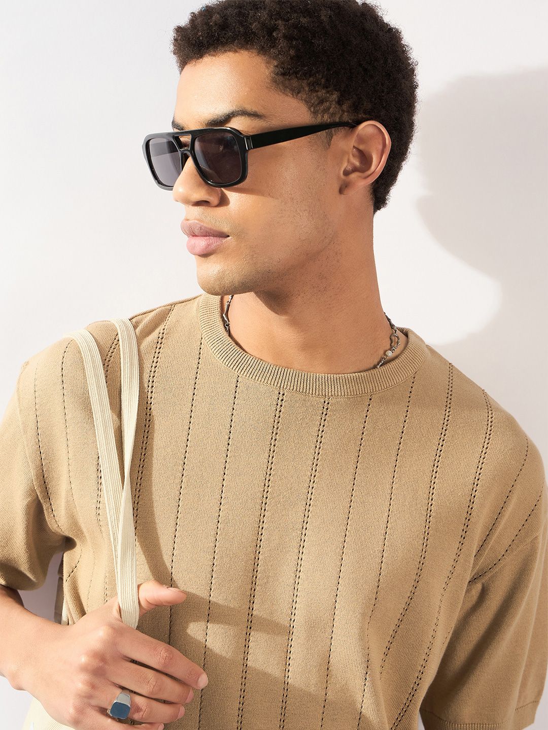 DENNISON Men Oversized Round Neck Knitted T-Shirt