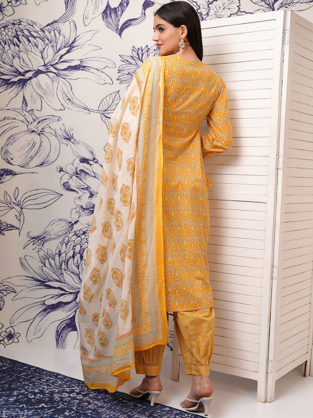 Vishudh Mustard Ethnic Motifs Printed Regular Pure Cotton Kurta with Trouser & Dupatta